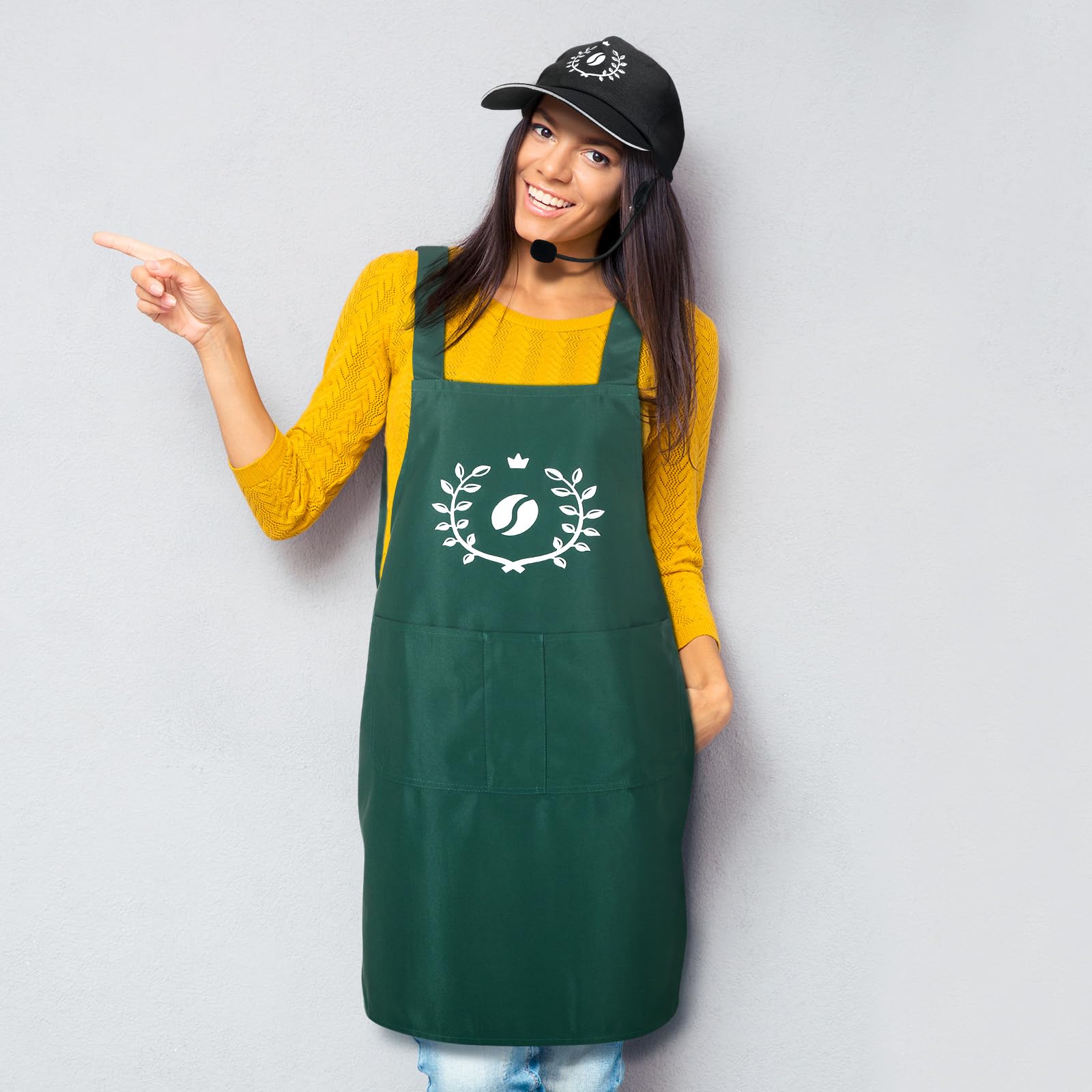 Liitrsh Barista Apron Halloween Costume with Hat and Microphone Green Coffee Theme Adult Outfits with Logo for Man Women Kitchen Cooking Halloween Adult