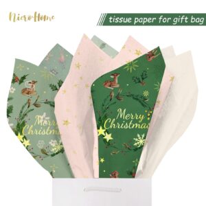 NICROHOME 24 Sheets Christmas Tissue Paper, Dark Green Pink Vintage Snowflake Wrapping Paper Set Bundle for Holiday Christmas Gift Bags Wrapping (20 x 15Inch)