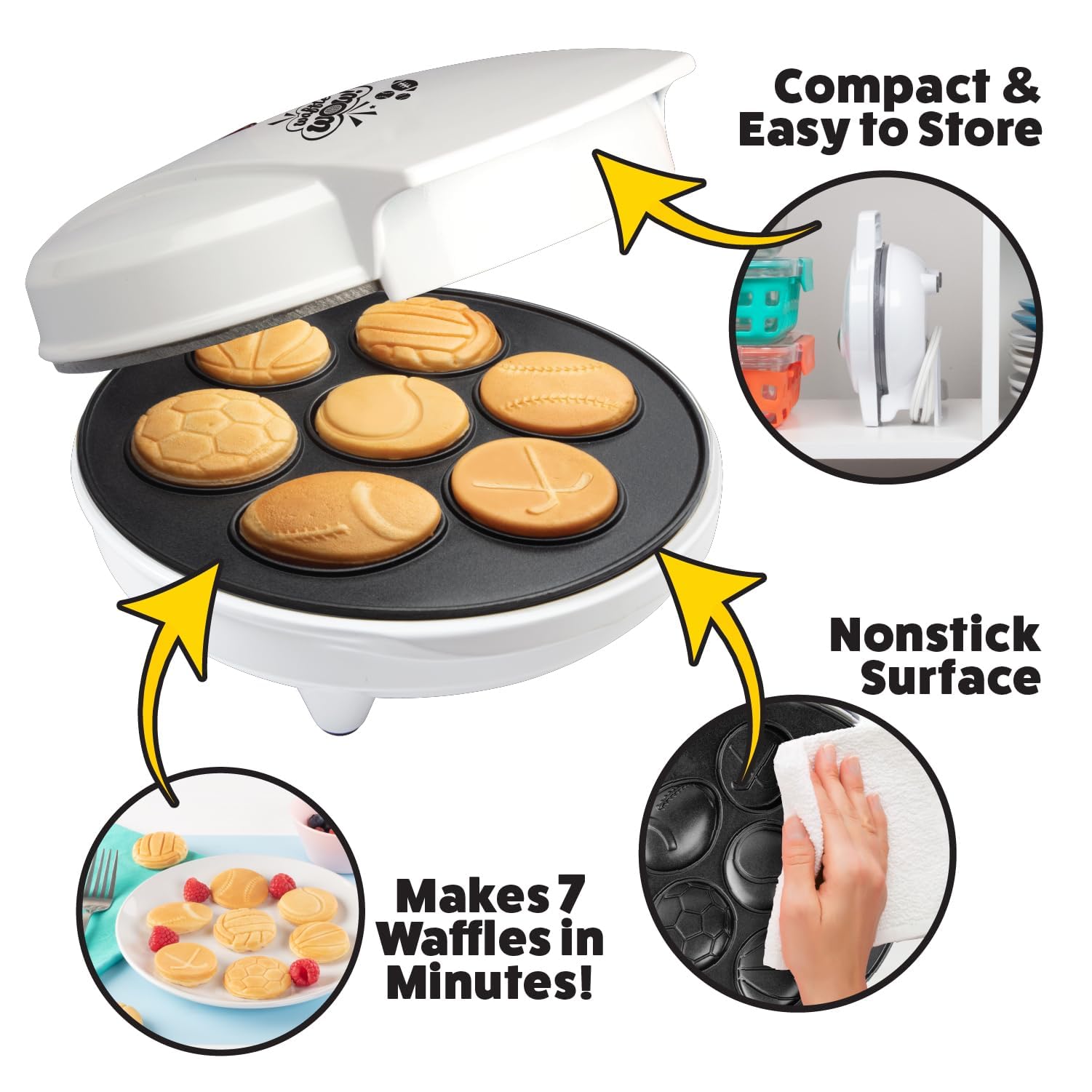 Sports Waffle Maker- Make Breakfast a Slam Dunk- Bakes 7 Themed Pancakes Including Football, Baseball, Basketball, Soccer, Tennis & More- Electric Nonstick Pan Cake Baker- Kids Christmas Gift or Treat