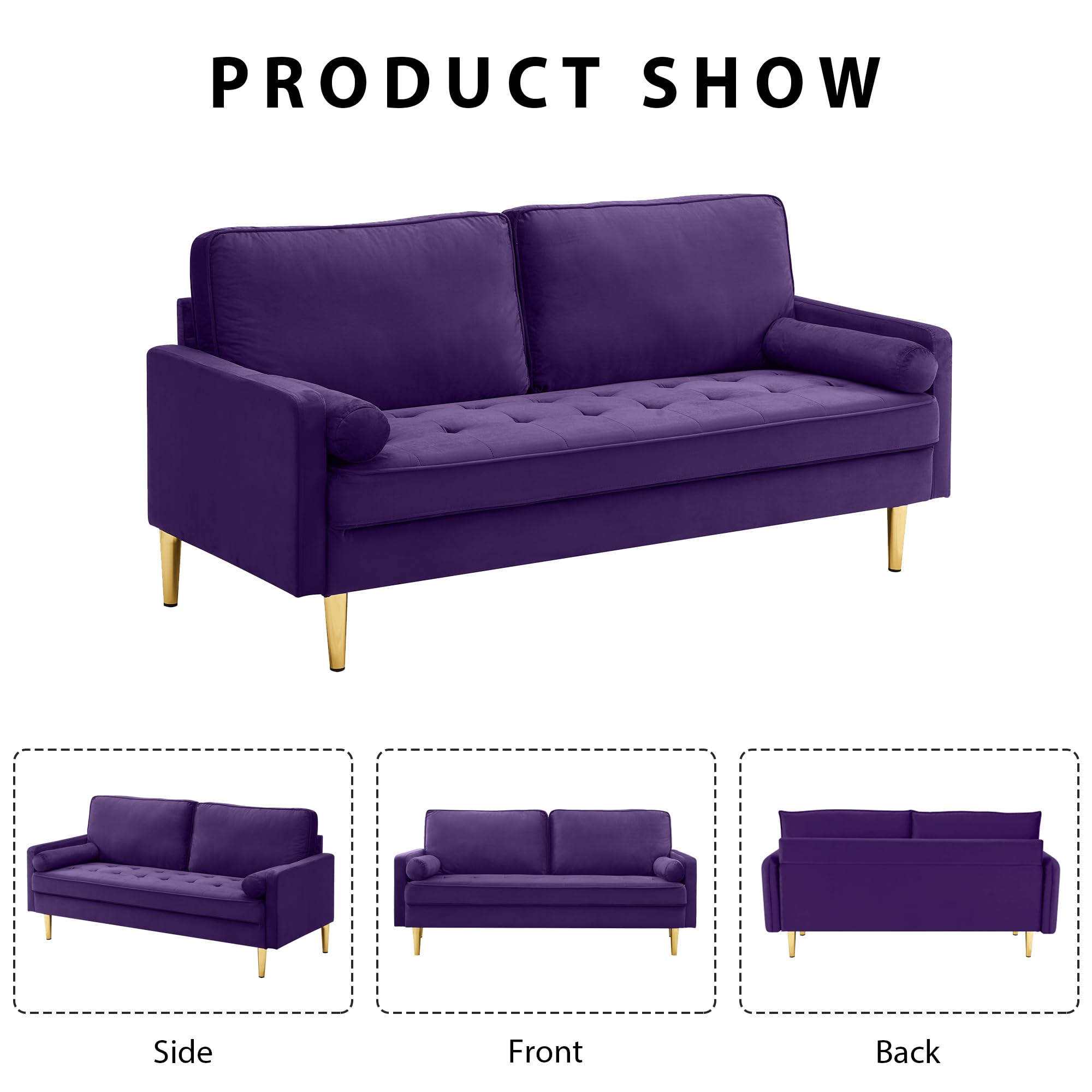 RXRRXY 67" Modern Velvet Loveseat Sofa Couch, Mid-Century Tufted Upholstered Small Love Seat Couch with 2 Pillows & 4 Golden Legs, 2-Seats Couches for Compact Space, Living Room, Apartment (Purple)