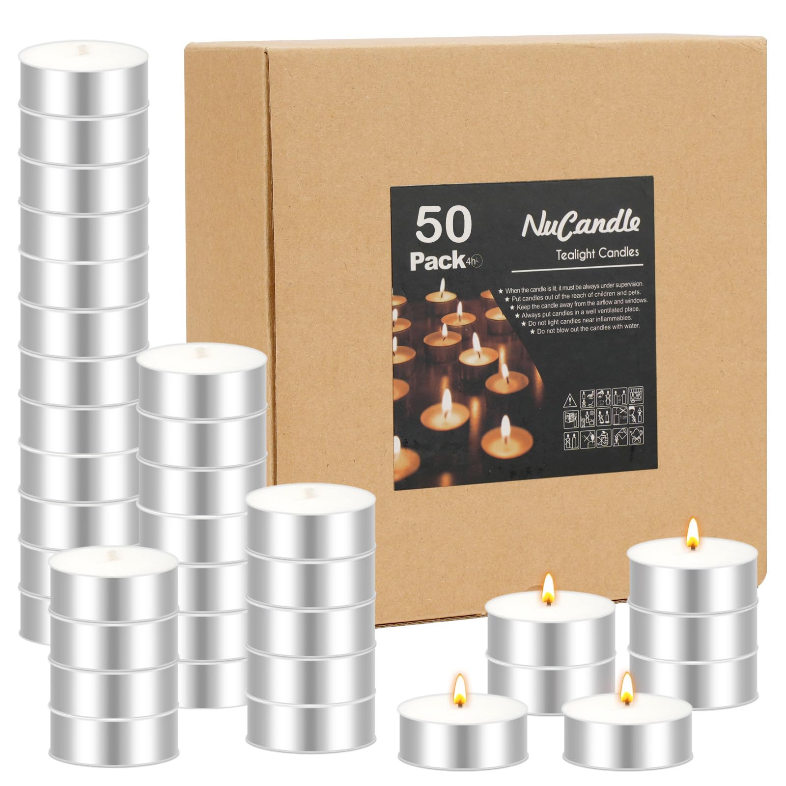 NuCandle Tea Lights Candles 50 Pack Unscented Tealight Candles Bulk for Wedding Christmas Home Decorative Outdoor Mini White Tea Lights Candle