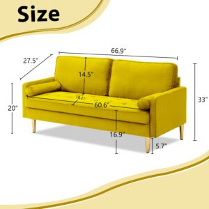 Hdxdkog Velvet Loveseat Sofa, 66.9'' Mid Century Modern Small Love Seats with 2 Pillows & Golden Legs Comfy Couch for Living Room, Upholstered 2 Seater Sofa for Small Apartment (Yellow)