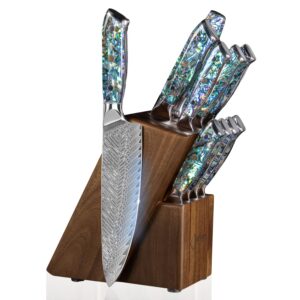 senken 11-piece damascus knife block set with abalone shell handle - "umi" collection japanese chef knife set - 67-layer japanese vg10 steel, chef knife, paring knife, 4 matching steak knives & more