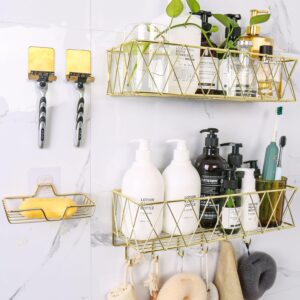 THCOFUUD Gold Shower Caddy, 5 Pack Rustproof Stainless Steel Organizer With Soap Holder & 2 Razor Hooks, Wall Mounted Shelves, Adhesive Rack, Large Capacity Basket for Storage, Gold Decor