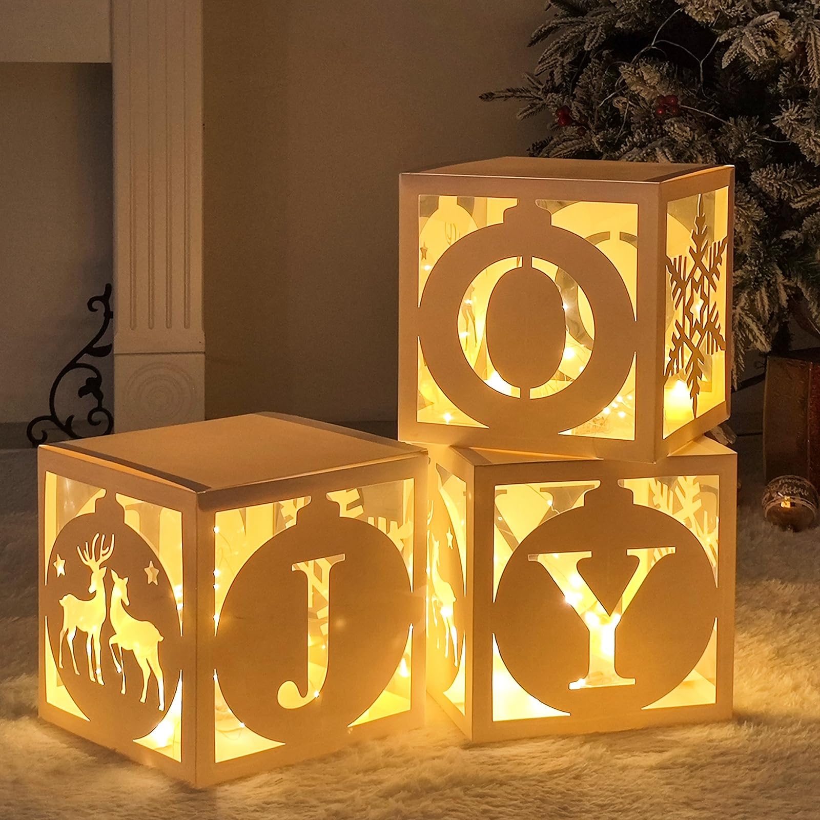 Light Up Christmas Decorations Indoor - 3pcs White Hollow-Out Paper Joy Boxes with Warm Light String, Holiday Fireplace Christmas Decorations for Home