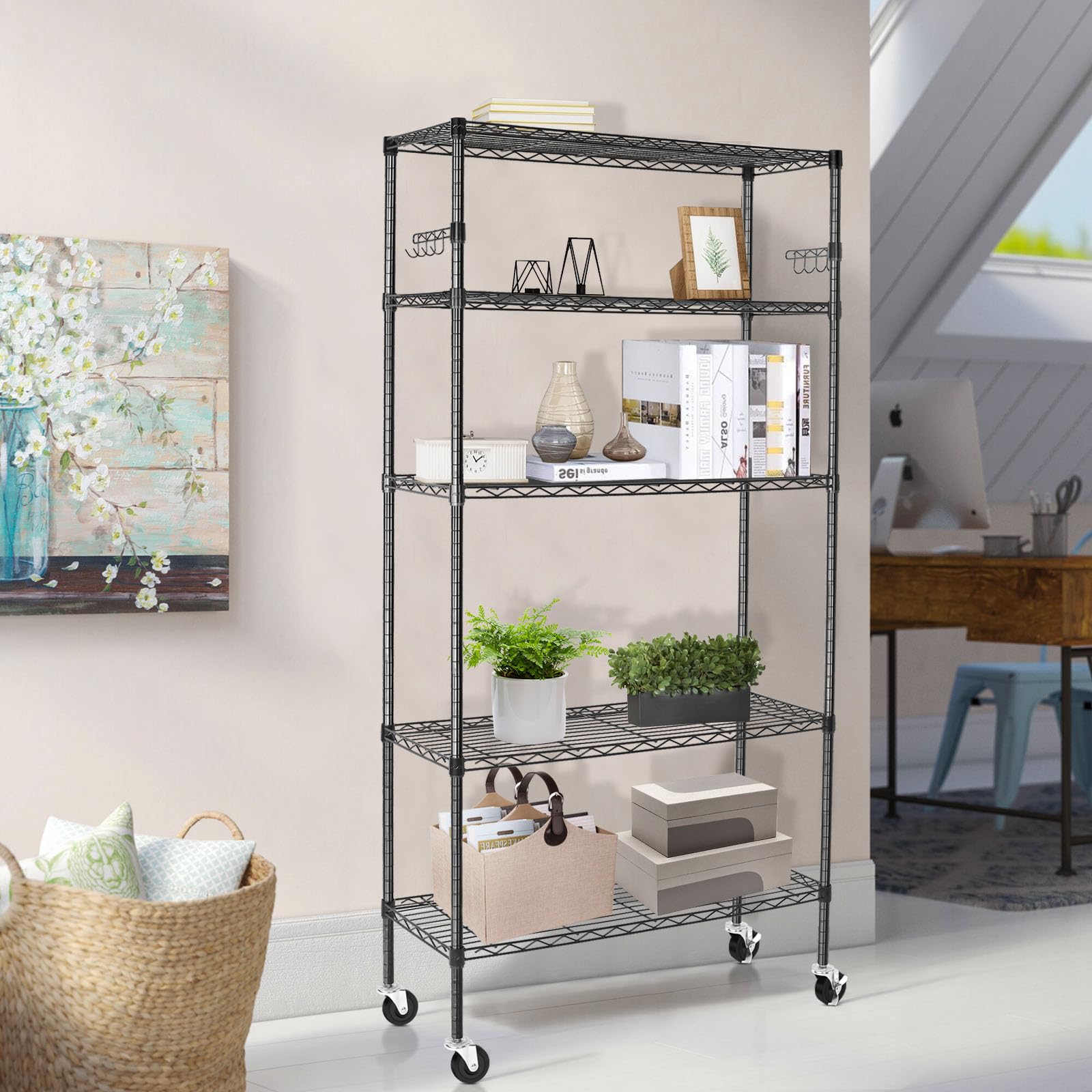 BolDuck 5 Tier Storage Shelves with Wheels, 1750lbs Capacity Heavy Duty Shelving Units, 14x36x75inch Adjustable Metal Shelf Wire Shelving Rack for Garage, Kitchen, Office, Black