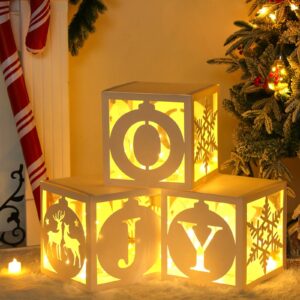 Light Up Christmas Decorations Indoor - 3pcs White Hollow-Out Paper Joy Boxes with Warm Light String, Holiday Fireplace Christmas Decorations for Home