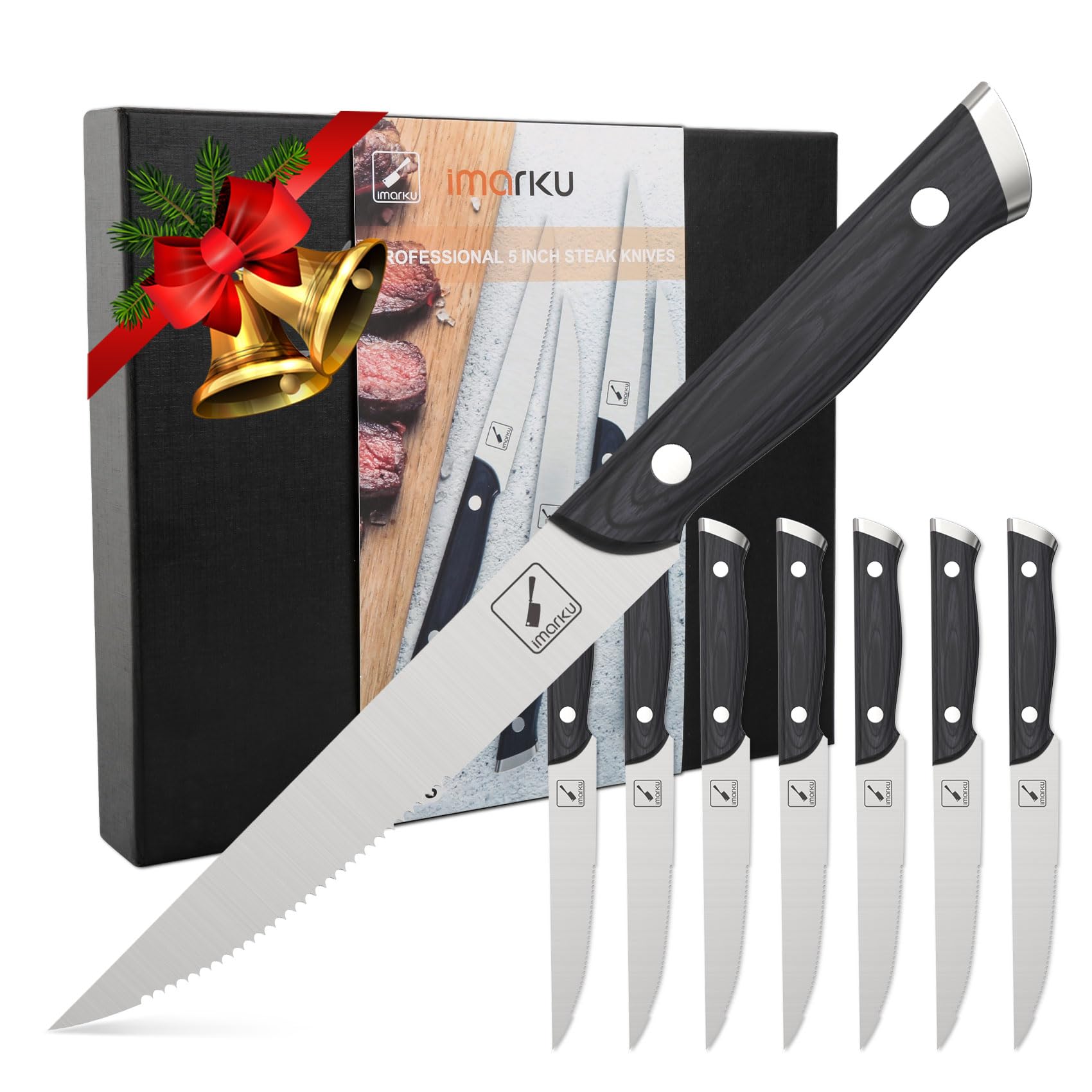 imarku Steak Knives, Steak Knives Set of 8, Serrated Steak Knife Set with Pakkawood Ergonomic Handle, Japanese HC Steel Steak Knife and Gift Box, Christmas Gifts for Men and Women