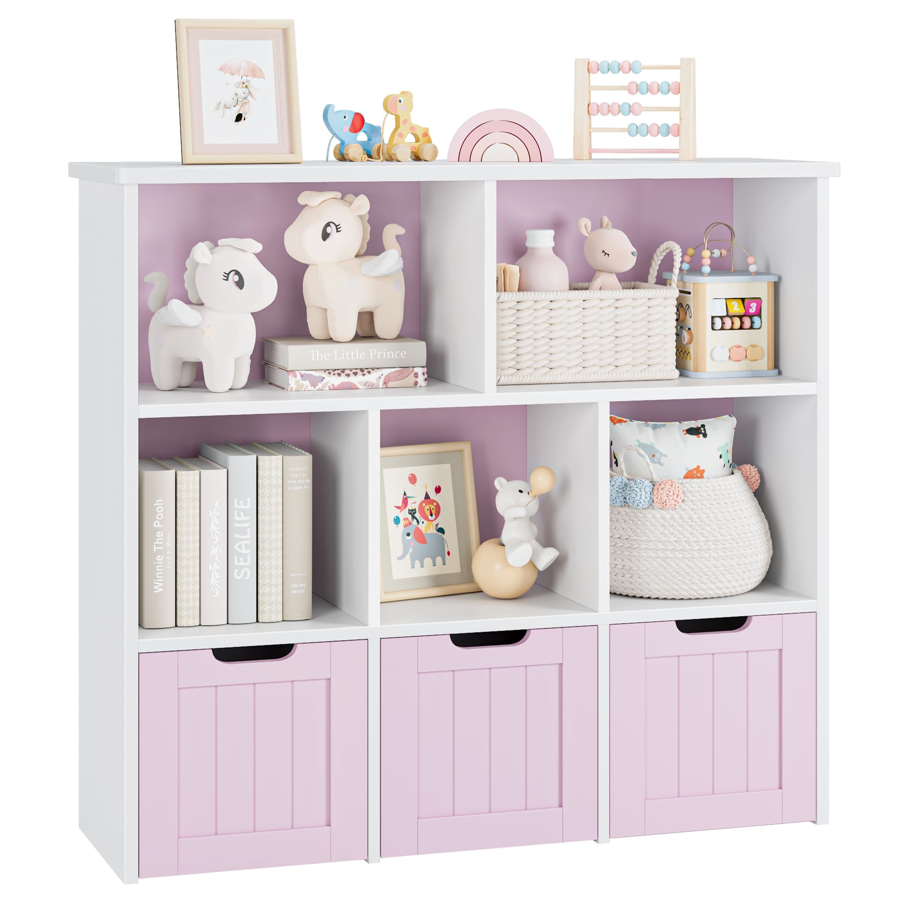 FOTOSOK Toy Storage Organizer with 3 Movable Drawers, Floor Storage Cabinet Toy Chest with Hidden Wheels and 5 Storage Cubbies, Multifunctional Storage Chest for Living Room, Home Office, Pink