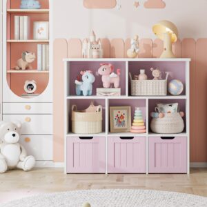 FOTOSOK Toy Storage Organizer with 3 Movable Drawers, Floor Storage Cabinet Toy Chest with Hidden Wheels and 5 Storage Cubbies, Multifunctional Storage Chest for Living Room, Home Office, Pink