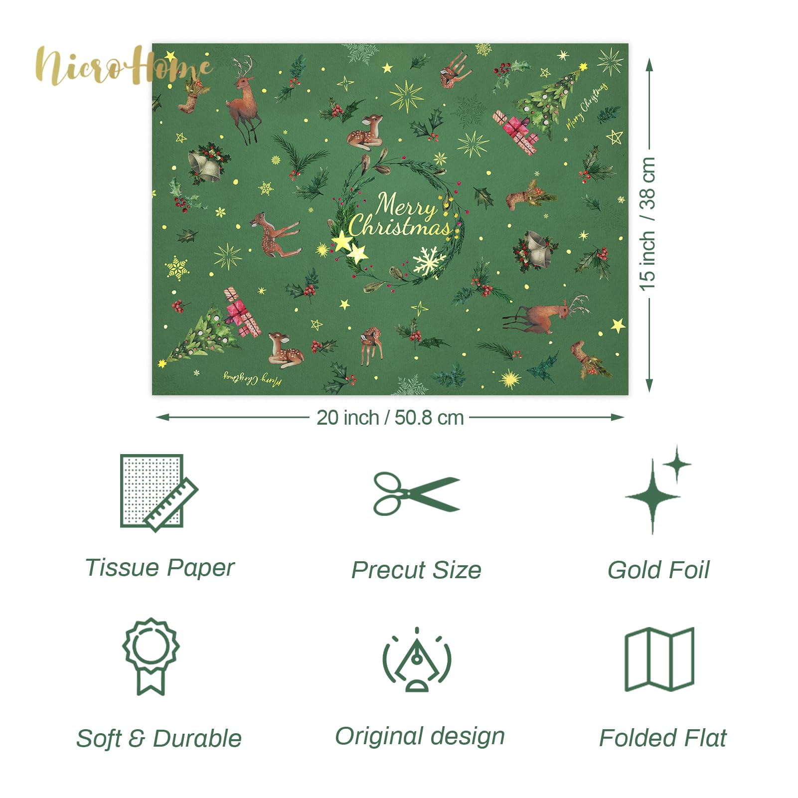 NICROHOME 24 Sheets Christmas Tissue Paper, Dark Green Pink Vintage Snowflake Wrapping Paper Set Bundle for Holiday Christmas Gift Bags Wrapping (20 x 15Inch)