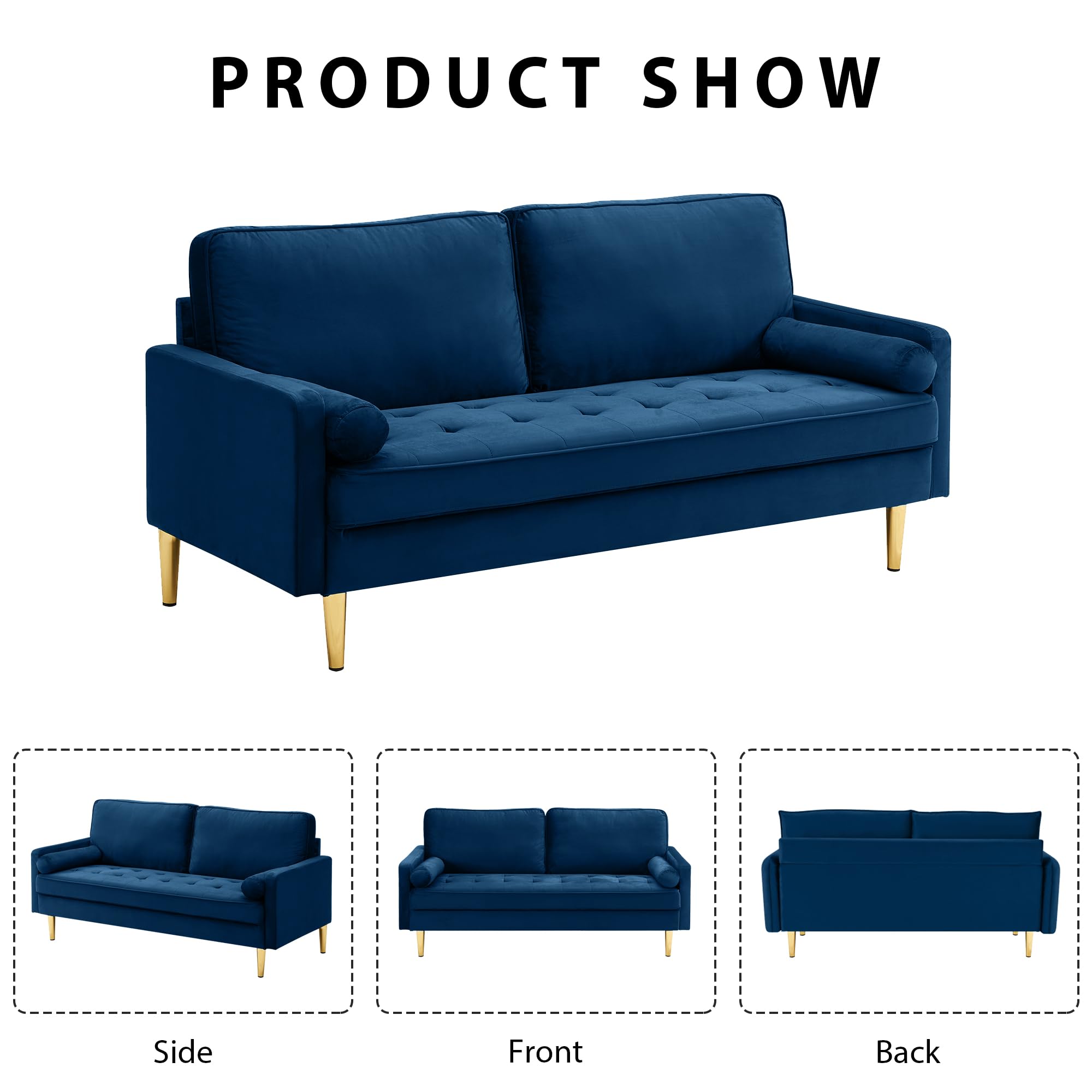 Hdxdkog Velvet Loveseat Sofa, 66.9'' Mid Century Modern Small Love Seats with 2 Pillows & Golden Legs Comfy Couch for Living Room, Upholstered 2 Seater Sofa for Small Apartment (Blue)