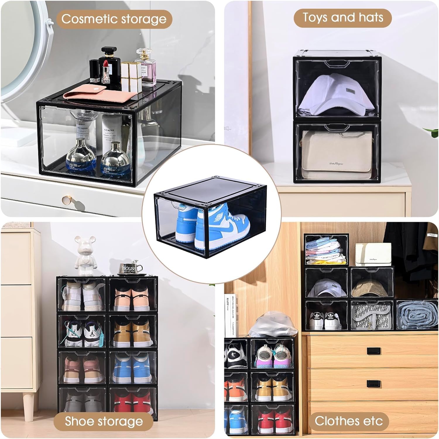 jphoiy box Shoe Storage Boxes Clear Stackable, 9 Packs Shoe Organizer for Closet,Sneaker Box, Strong and Sturdy Fit Up to Maximum Size of US12