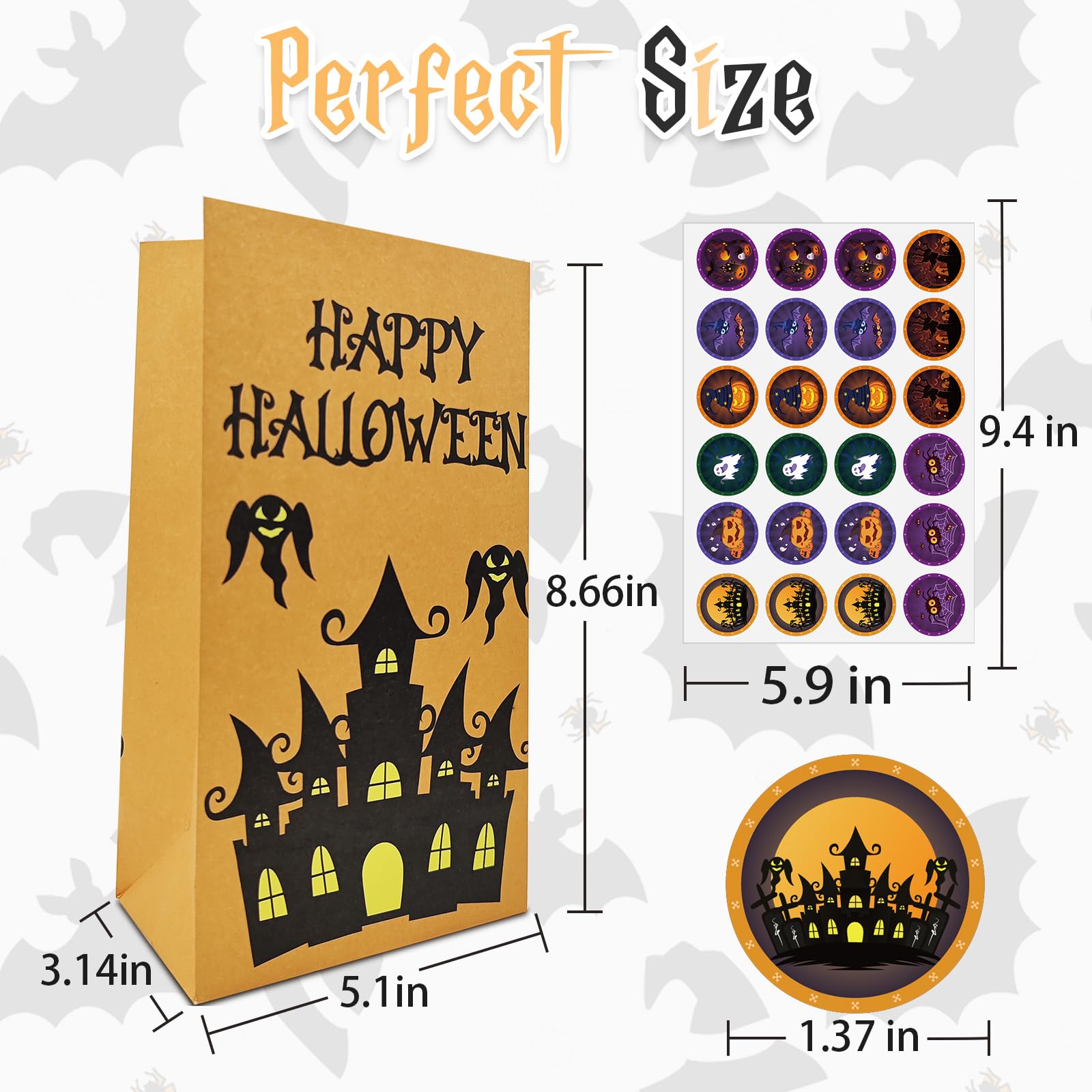 M-sorflly Halloween Treat Bags Large,24pcs Halloween Goodie Bags Paper,Trick or Treat for Kids Candy Bags and 24pcs Halloween Stickers Gift Bags