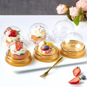 Zezzxu 3 Inch Charcuterie Domes with Lids, 50 Pack Clear Plastic Bundt Cake Containers Hot Cocoa Bombs Boxes Individual Cups for Packaging Desserts Strawberries (Gold Base)