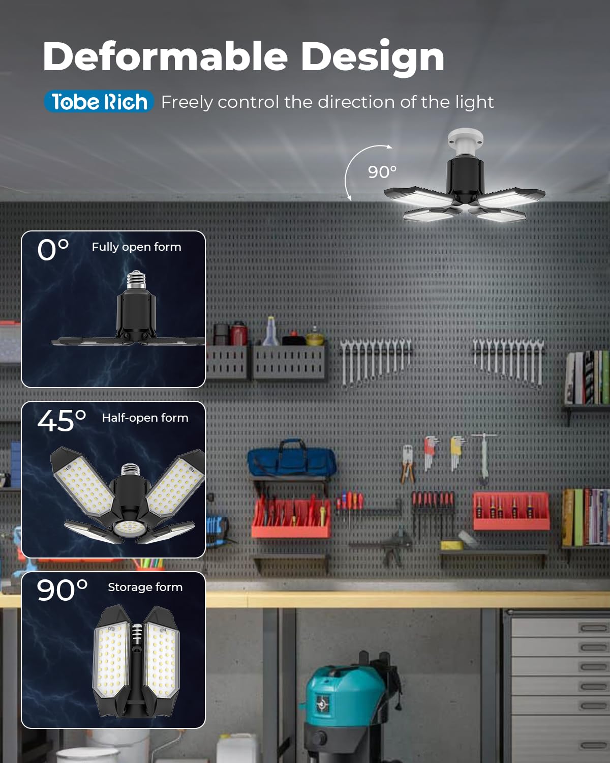 toberich LED Garage Light Bulb - 120W 12000LM Shop Lights with 4+1 Deformable Panels, 6500K Screw in Ceiling Lights for Garage, Workshop, Workbench, Basement (1 Pack)