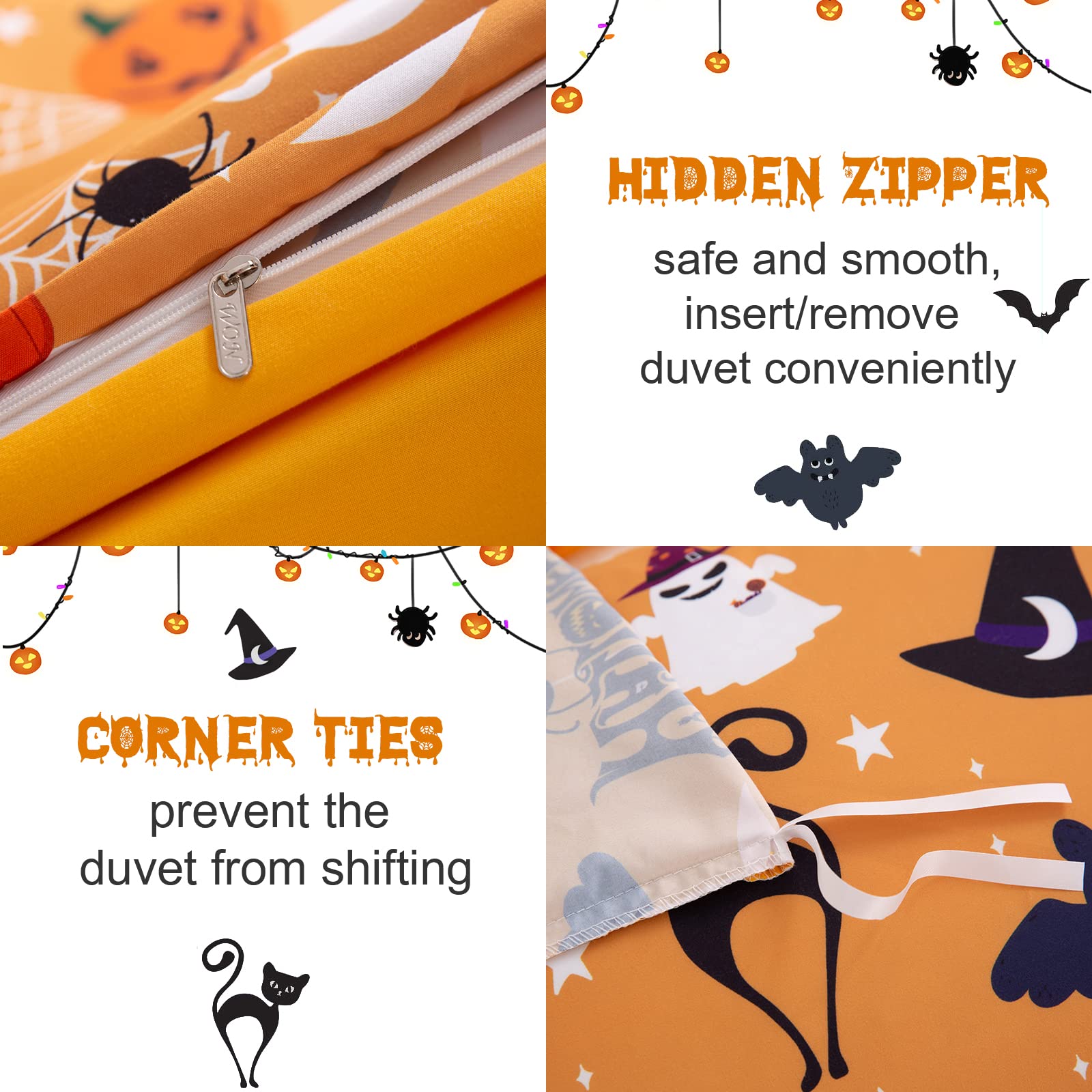 Luxudecor Halloween Duvet Cover Set King Size Pumpkin Bat Tombstone Witch Hat Cobweb Pattern Duvet Cover Orange Soft Microfiber Halloween Themes Bedding Set Kids Gift(3pcs, 104"x90")