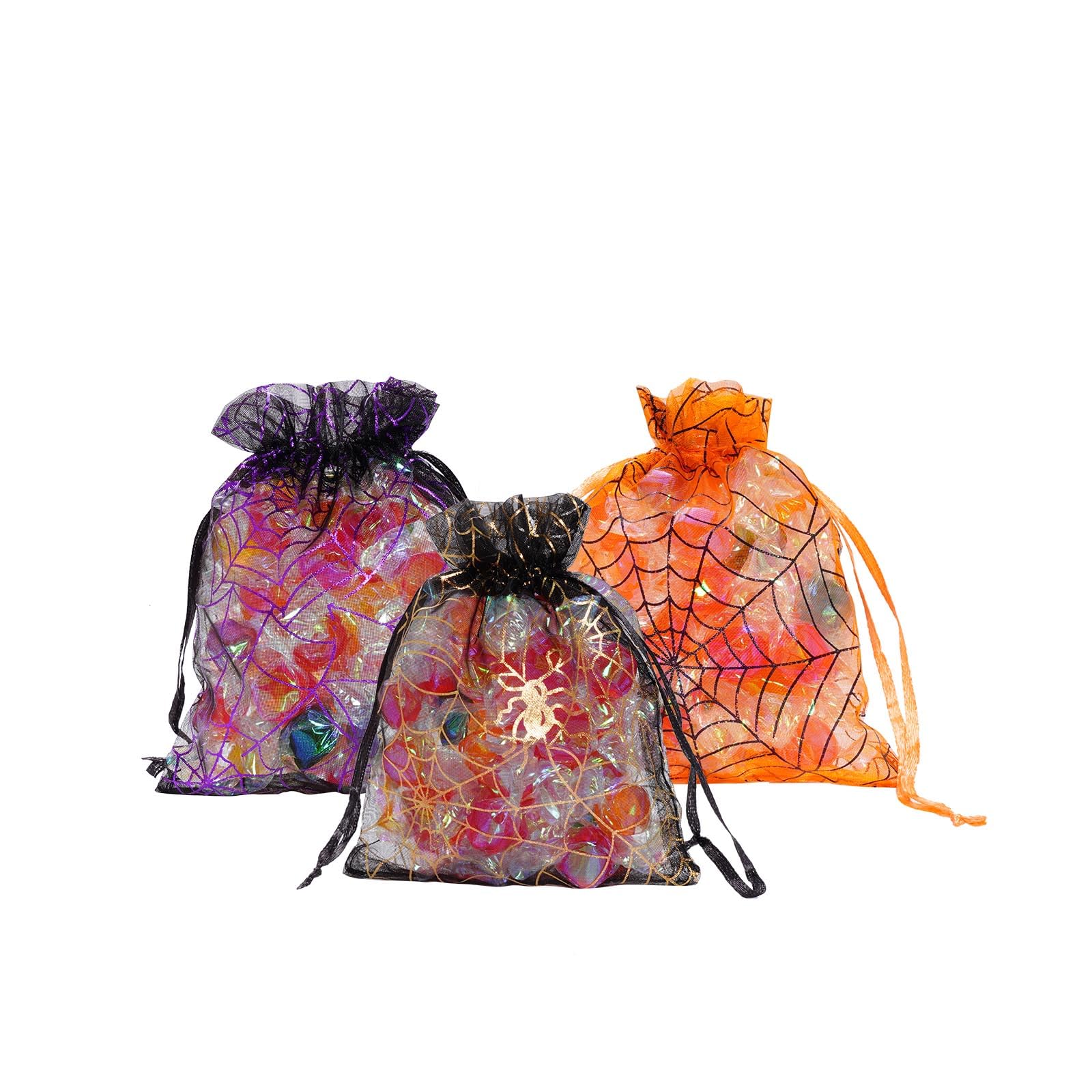 100PCS Halloween Organza Bags Gift Jewelry Candy Bags for Halloween Party Including 5 Patterns 4x4.8Inch