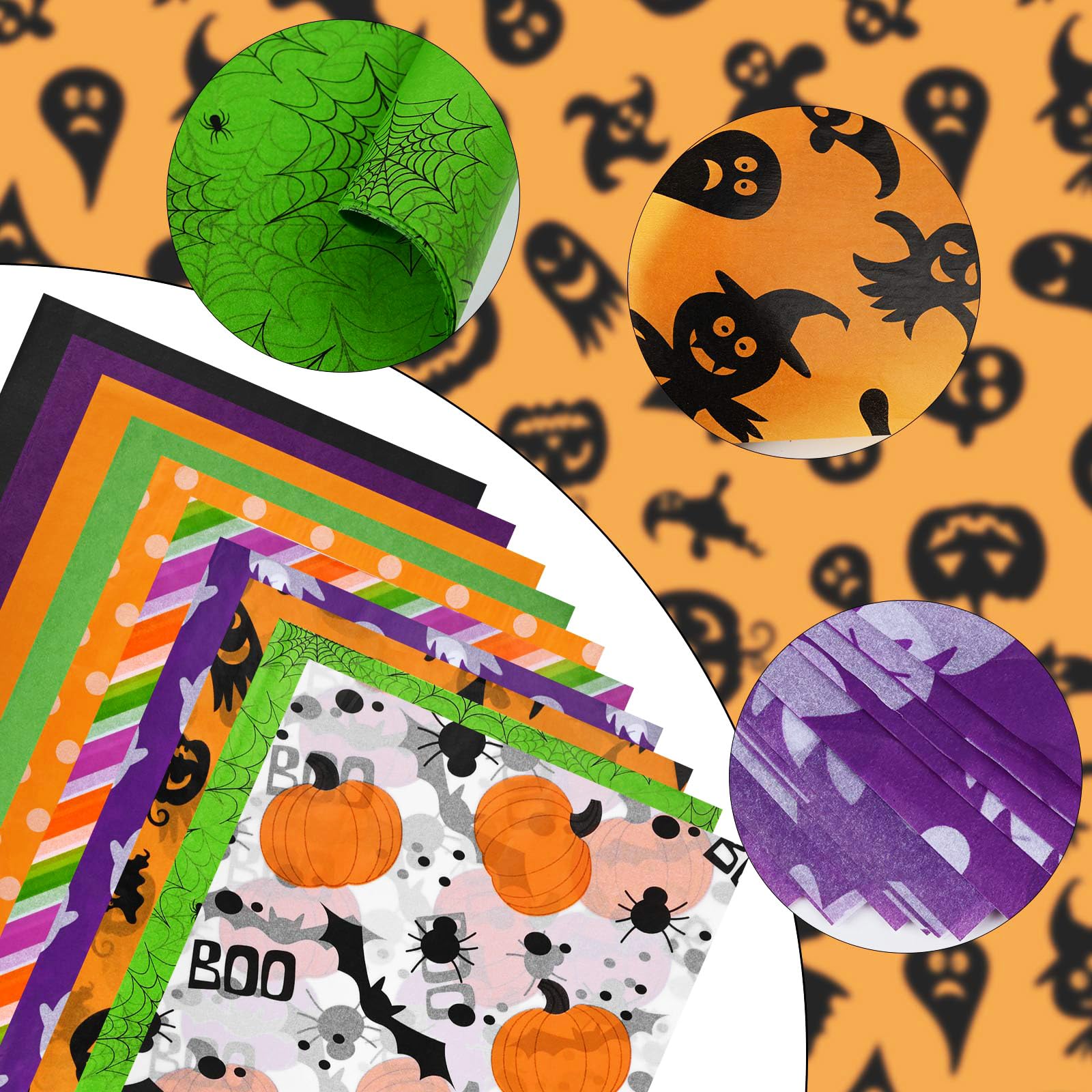 100 Sheets Halloween Tissue Paper for Gift Wrapping, Orange Purple Black Green Tissue Paper with Pumpkin Bat Ghost Boo Pattern Decorative Tissue for Halloween Party DIY Craft