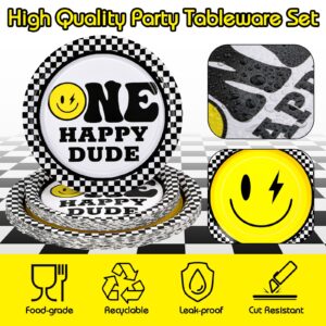 Norme 344 Pcs One Happy Dude Birthday Decorations Smile Face Party Tableware Serve 24 Guests, Include 7 in 9 in Paper Plates Disposable Knife Fork Spoon Napkins Cup Straw for 1st Birthday Baby Shower