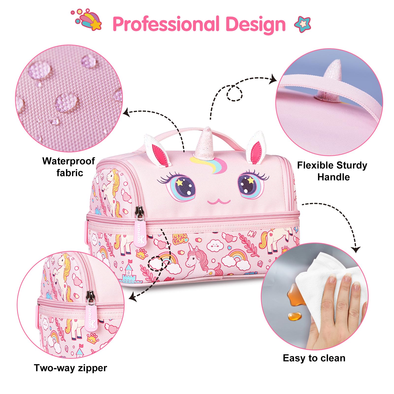 NOHOO Kids Lunch Bag, Insulated lunch bag Cooler Reusable Bilayer Lunch box tote for Women, Girls, Men, Boys, Schools, Offices, Work, Travel, Picnic,Party(Unicorn)