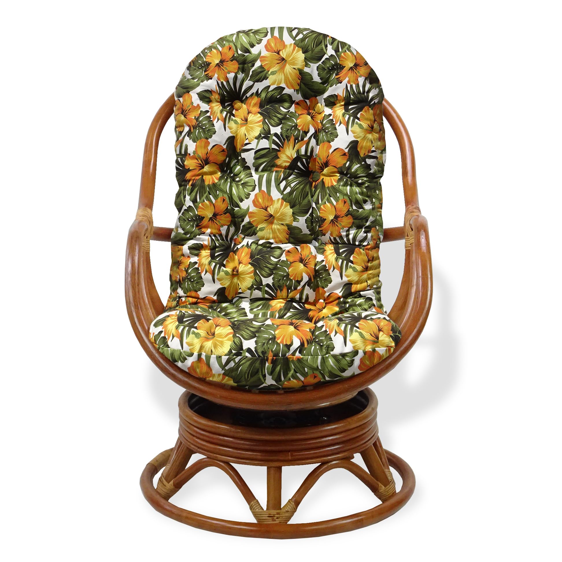 Bali Lounge Swivel Rocking Chair with Floral Cushion Natural Rattan Wicker Handmade, Colonial