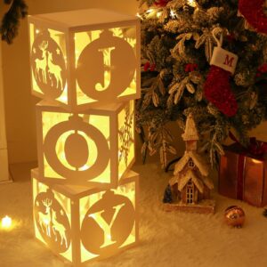 Light Up Christmas Decorations Indoor - 3pcs White Hollow-Out Paper Joy Boxes with Warm Light String, Holiday Fireplace Christmas Decorations for Home