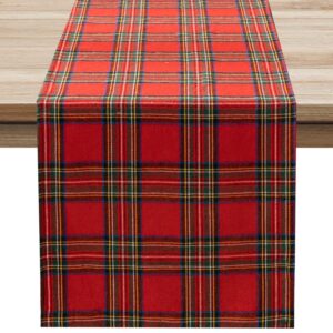 softalker christmas checkered tartan table runner - red buffalo plaid xmas stain resistant washable table decoration for dining/parties/holiday decor, 13 x 70 inch