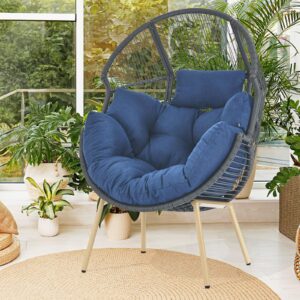 egg chair outdoor basket chairs - wicker patio cuddle chair with cushions rattan tear drop egg chair for indoor bedroom outside porch deck backyard garden(grey/blue)