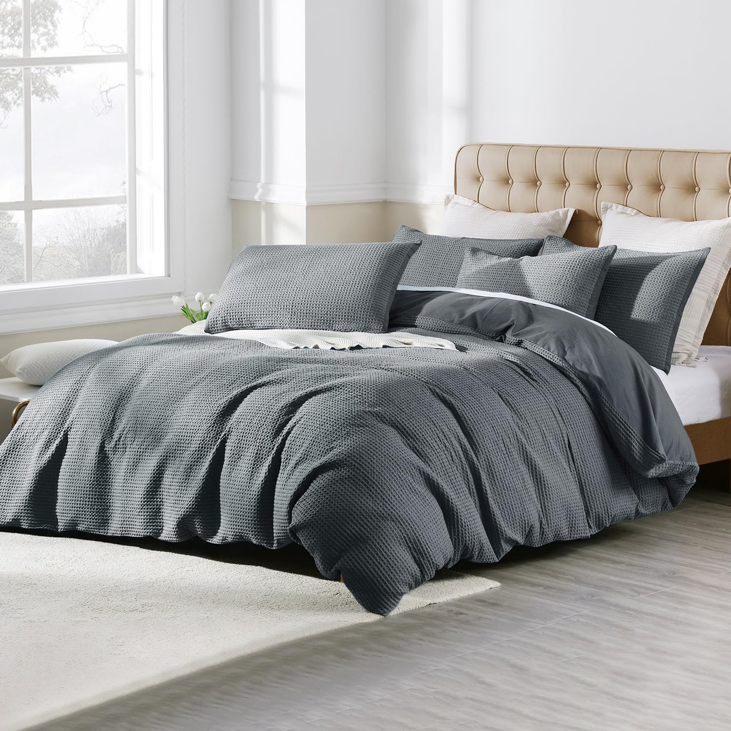 Grassix Waffle Weave Duvet Cover 100% Cotton King Duvet Cover Set with Zipper Closure Soft Breathable Textured Bedding Set for All Seasons, Comforter Cover Charcoal Gray 104"x90"