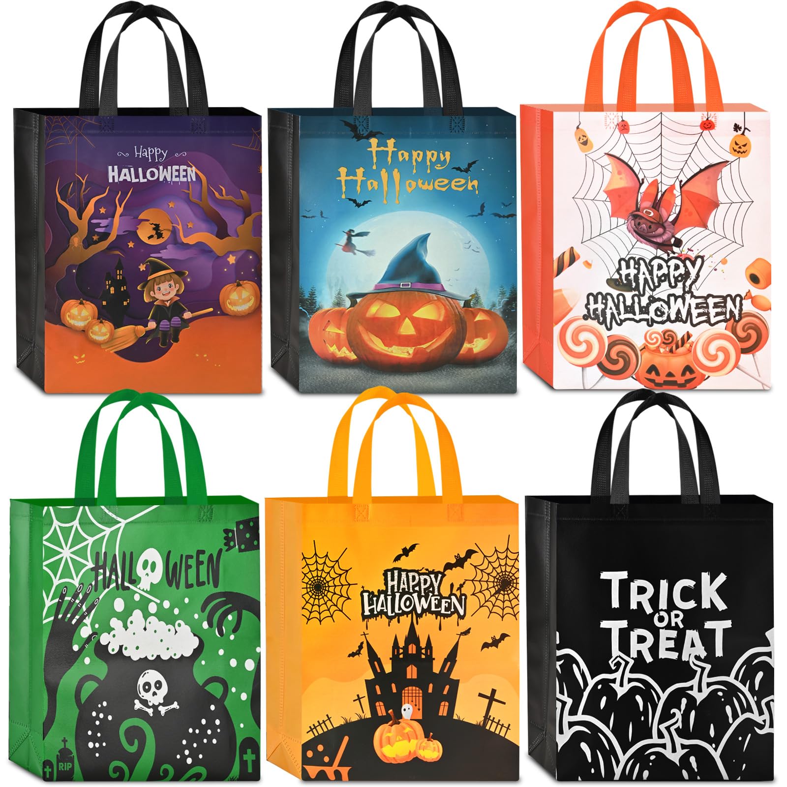 AhfuLife 6 Pcs Halloween Trick or Treat Bags, Large Halloween Tote Bags with Handles, Reusable Halloween Non-Woven Candy Bags for Halloween Party Supplies Favors (15''×11.8''×3.9’’)