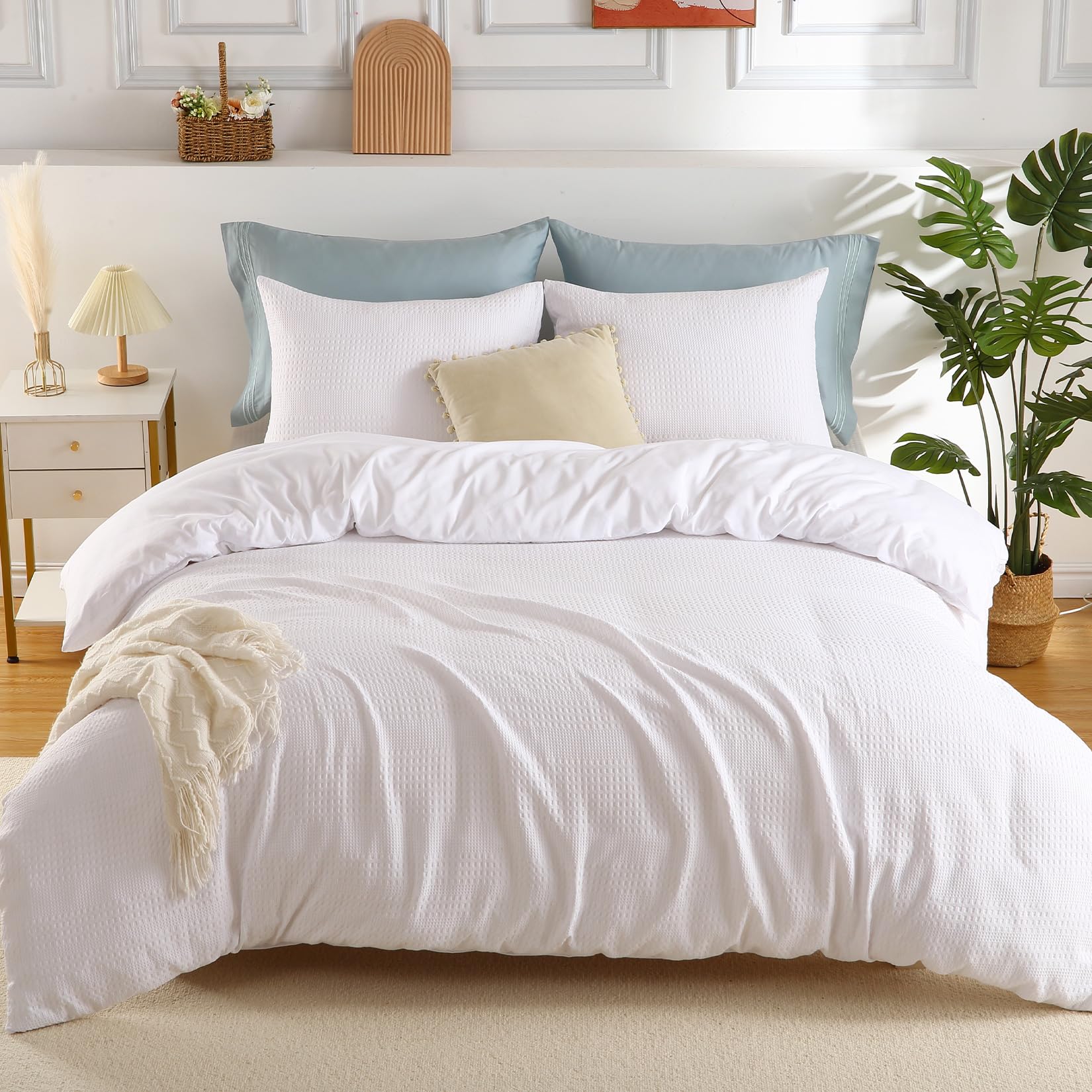 CAROMIO White Duvet Cover Queen - Waffle Weave Textured Duvet Cover Queen Size, Soft and Breathable Queen Duvet Cover Set for All Season (Queen, 90"x90")