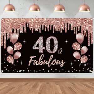 40th birthday decorations 40 & fabulous birthday banner for women, rose gold 40 birthday theme sign party supplies, forty year old bday background photo booth for indoor outdoor