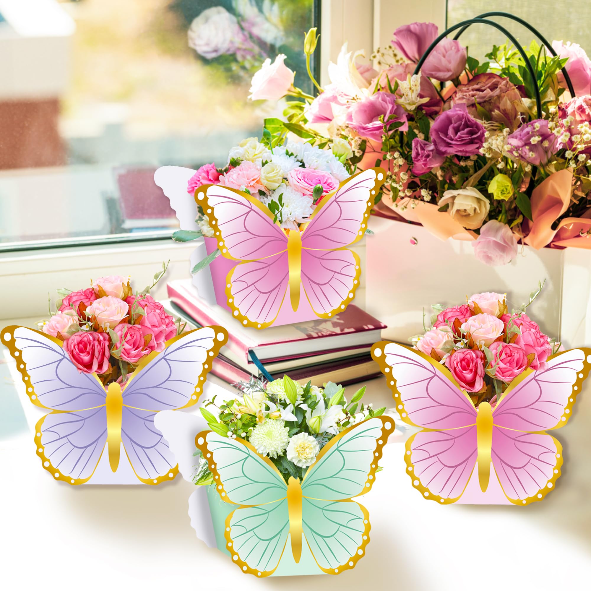 12 Pcs Butterfly Tea Party Decorations Princess Party Flower Boxes, Butterfly Paper Vase 3D Table Centerpiece Floral Box for Floral Tea Themed Birthday Party Supplies Baby Shower Wedding Anniversaries