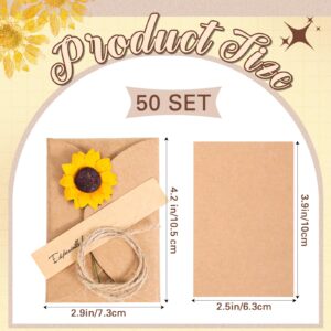 Qilery 50 Pcs Sunflower Gift Dried Flowers Greeting Cards Thank You Handmade Invitation Card DIY Vintage Kraft Blank Note Card with Envelopes for Birthday Christmas Teacher College, 2.76 x 4.13''