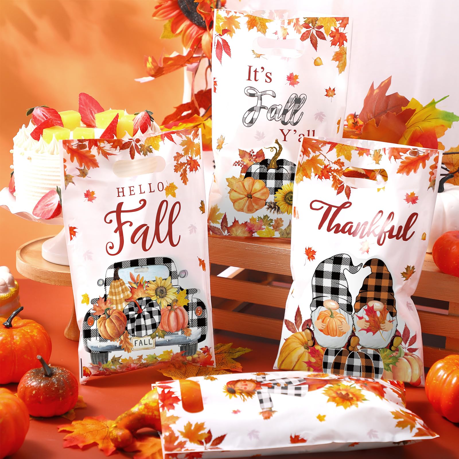 Qilery 100 Pcs Thanksgiving Party Plastic Favor Bags Fall Party Treat Bags Autumn Party Candy Bags Maple Leaves Pumpkin Goody Bags with Handles for Thanksgiving Day Autumn Harvest Fall Party Supplies