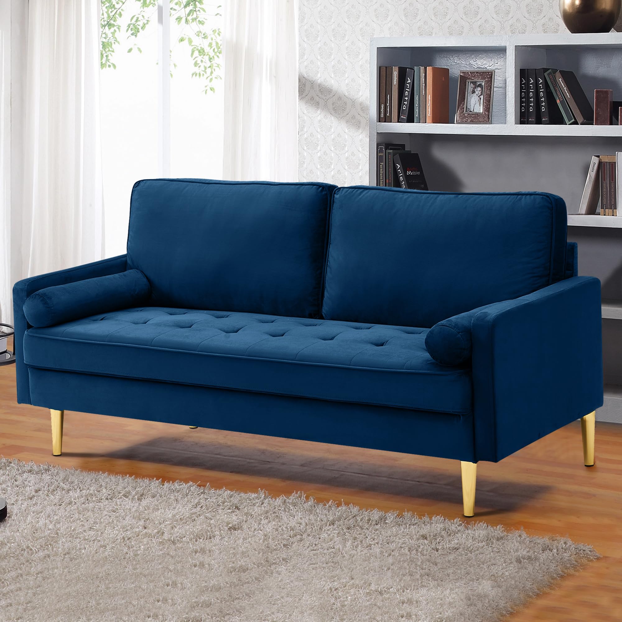 Hdxdkog Velvet Loveseat Sofa, 66.9'' Mid Century Modern Small Love Seats with 2 Pillows & Golden Legs Comfy Couch for Living Room, Upholstered 2 Seater Sofa for Small Apartment (Blue)