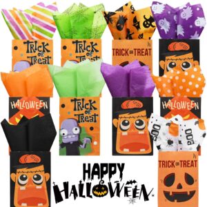 100 Sheets Halloween Tissue Paper for Gift Wrapping, Orange Purple Black Green Tissue Paper with Pumpkin Bat Ghost Boo Pattern Decorative Tissue for Halloween Party DIY Craft