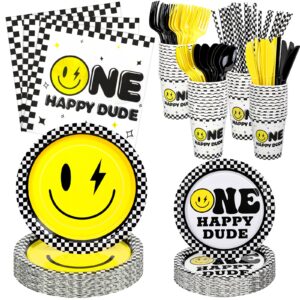 norme 344 pcs one happy dude birthday decorations smile face party tableware serve 24 guests, include 7 in 9 in paper plates disposable knife fork spoon napkins cup straw for 1st birthday baby shower