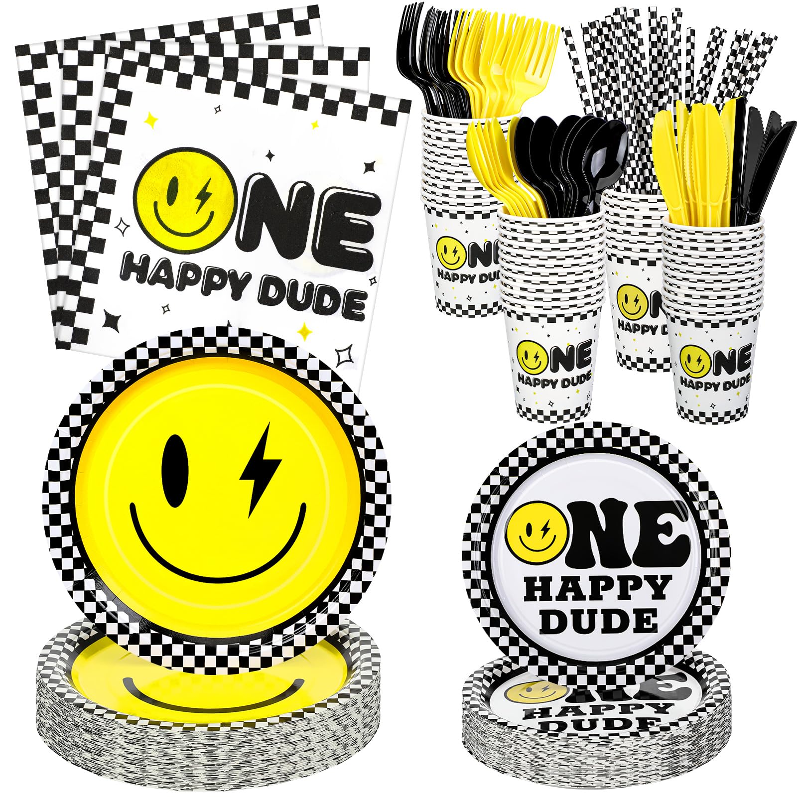 Norme 344 Pcs One Happy Dude Birthday Decorations Smile Face Party Tableware Serve 24 Guests, Include 7 in 9 in Paper Plates Disposable Knife Fork Spoon Napkins Cup Straw for 1st Birthday Baby Shower