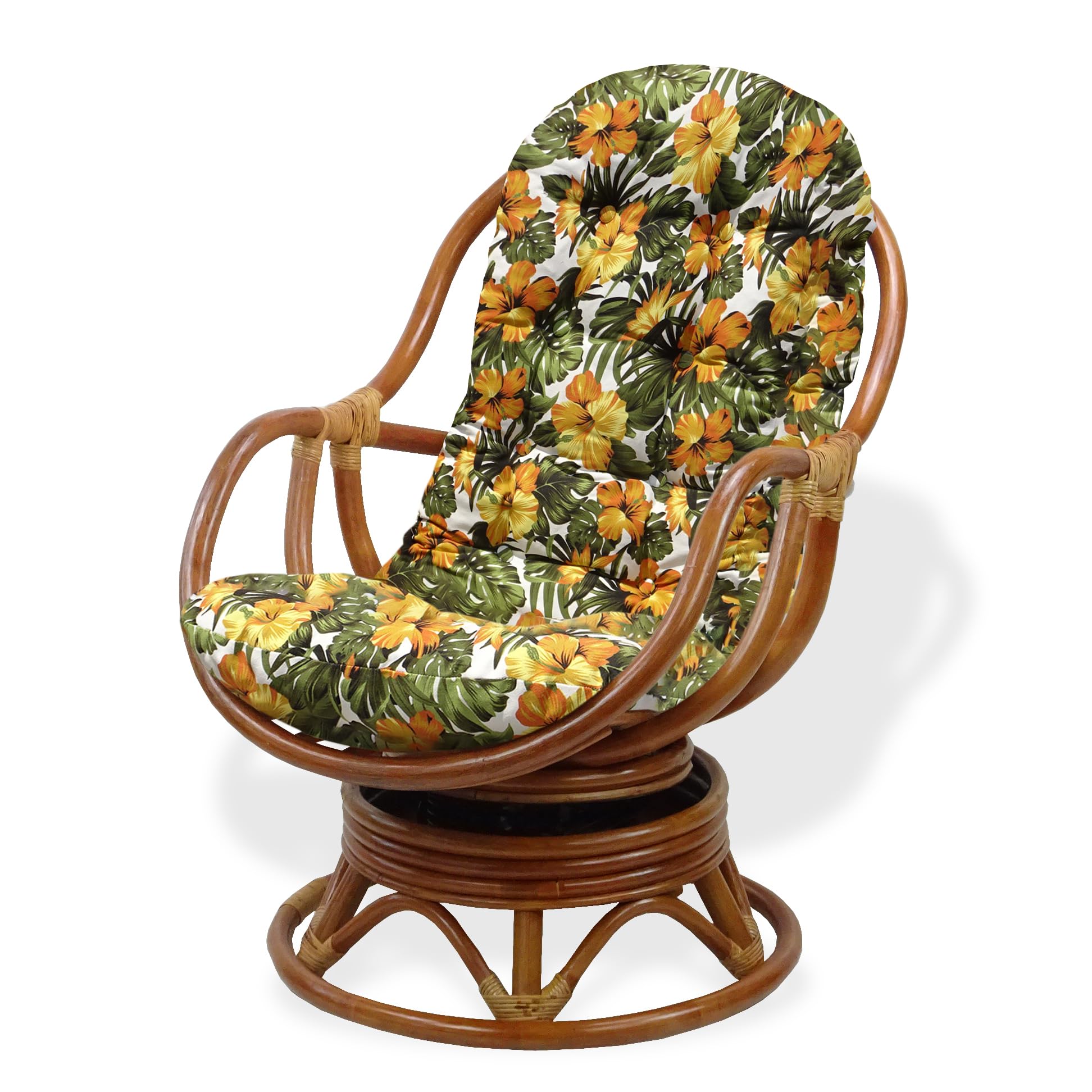 Bali Lounge Swivel Rocking Chair with Floral Cushion Natural Rattan Wicker Handmade, Colonial