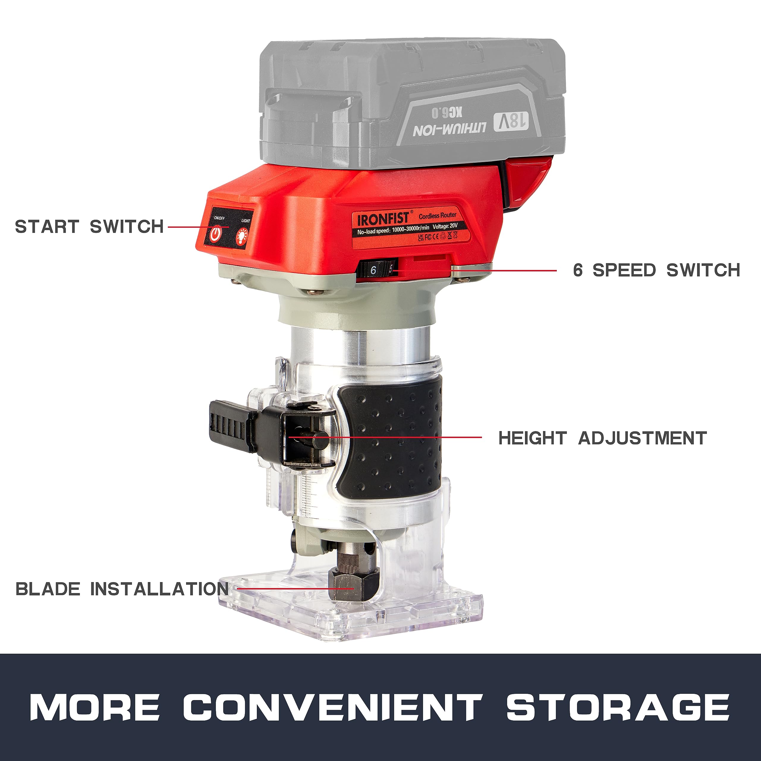 IRONFIST Cordless Trimmer Router Multiple Function Brushelss 1/4" Bit Collet, Max Speed 30000rpm for Wood Working Slotting, Trimming Compatible with Milwaukee M18 Battery (NO Battery)