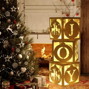 Light Up Christmas Decorations Indoor - 3pcs White Hollow-Out Paper Joy Boxes with Warm Light String, Holiday Fireplace Christmas Decorations for Home