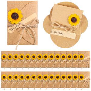 qilery 50 pcs sunflower gift dried flowers greeting cards thank you handmade invitation card diy vintage kraft blank note card with envelopes for birthday christmas teacher college, 2.76 x 4.13''