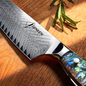 SENKEN 11-Piece Damascus Knife Block Set with Abalone Shell Handle - "Umi" Collection Japanese Chef Knife Set - 67-Layer Japanese VG10 Steel, Chef Knife, Paring Knife, 4 Matching Steak Knives & More