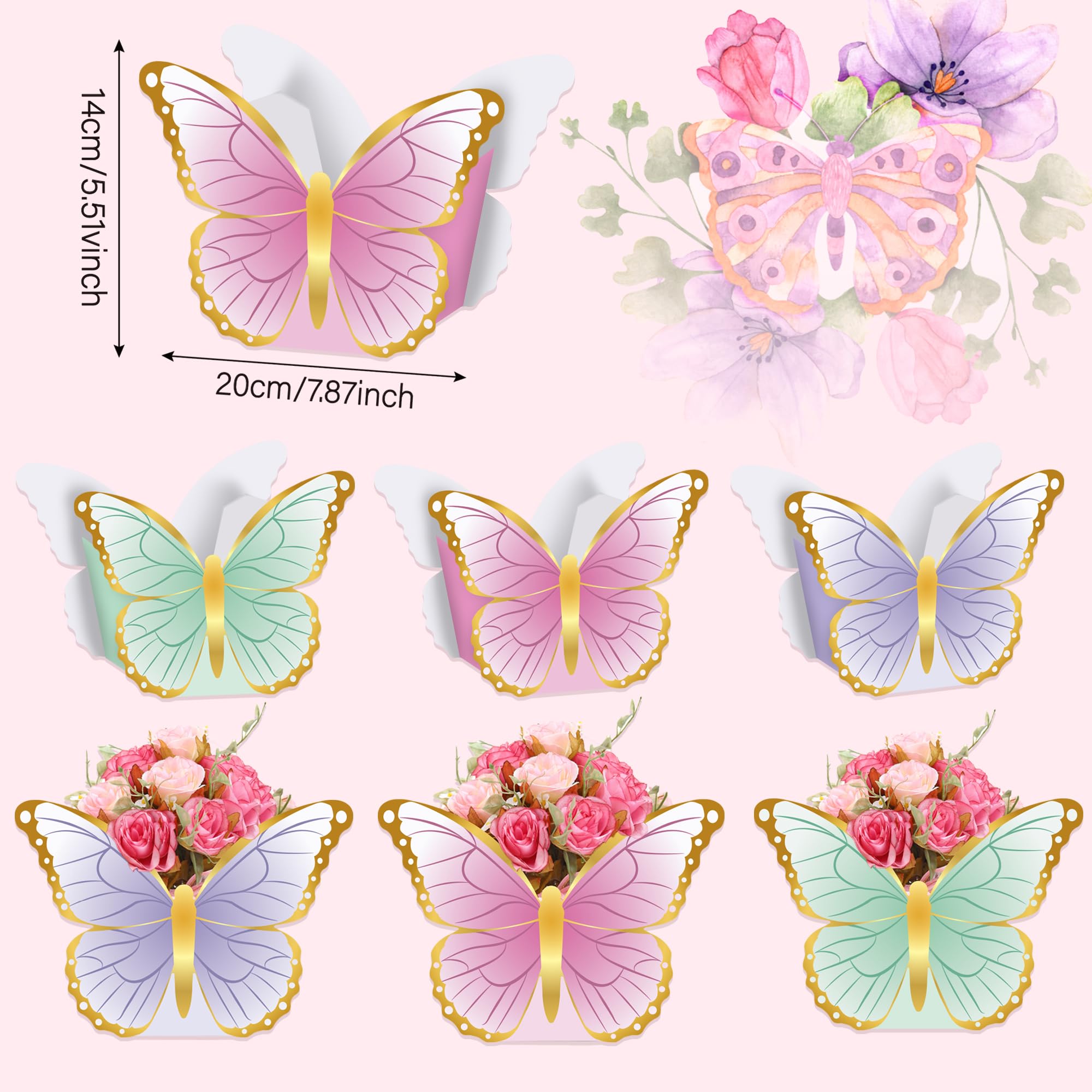 12 Pcs Butterfly Tea Party Decorations Princess Party Flower Boxes, Butterfly Paper Vase 3D Table Centerpiece Floral Box for Floral Tea Themed Birthday Party Supplies Baby Shower Wedding Anniversaries