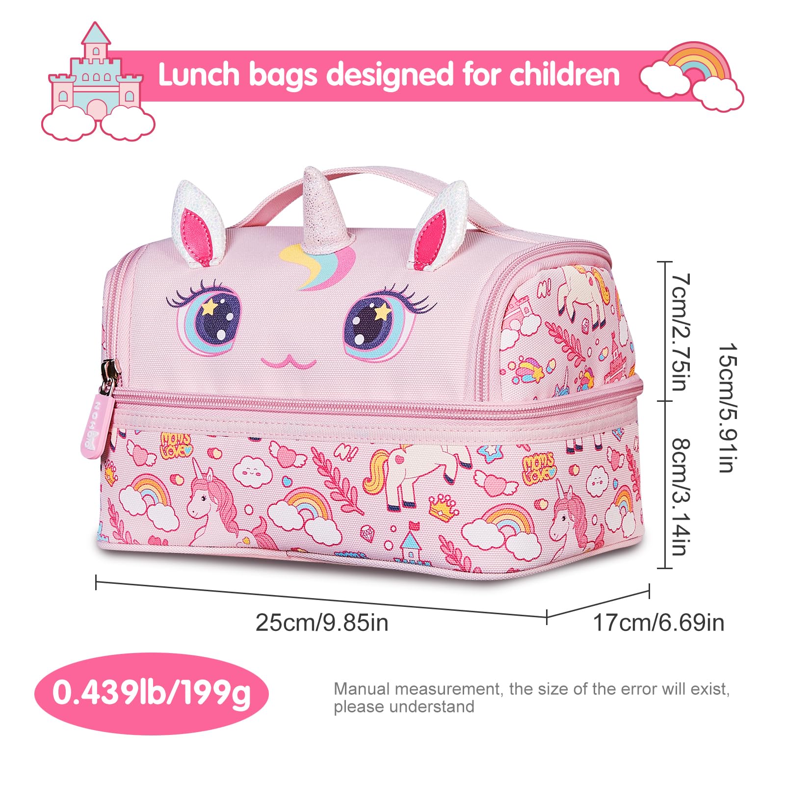 NOHOO Kids Lunch Bag, Insulated lunch bag Cooler Reusable Bilayer Lunch box tote for Women, Girls, Men, Boys, Schools, Offices, Work, Travel, Picnic,Party(Unicorn)