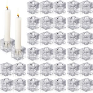 hsei 36 pcs square glass taper candle holders bulk 1.5 inch small glass candlestick holders for 0.98 inch tapered stick candle for wedding halloween thanksgiving christmas table centerpiece(clear)