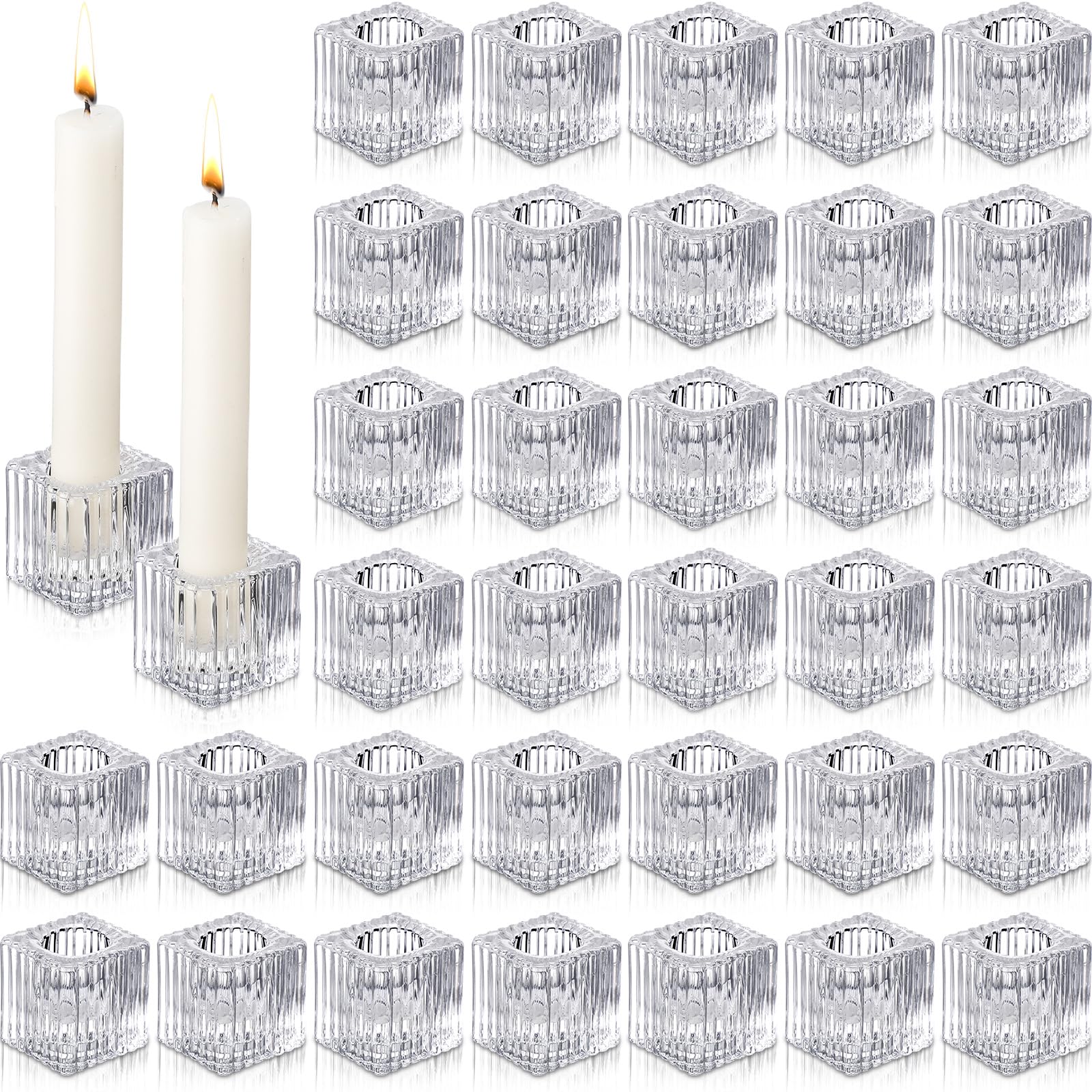 Hsei 36 Pcs Square Glass Taper Candle Holders Bulk 1.5 Inch Small Glass Candlestick Holders for 0.98 Inch Tapered Stick Candle for Wedding Halloween Thanksgiving Christmas Table Centerpiece(Clear)