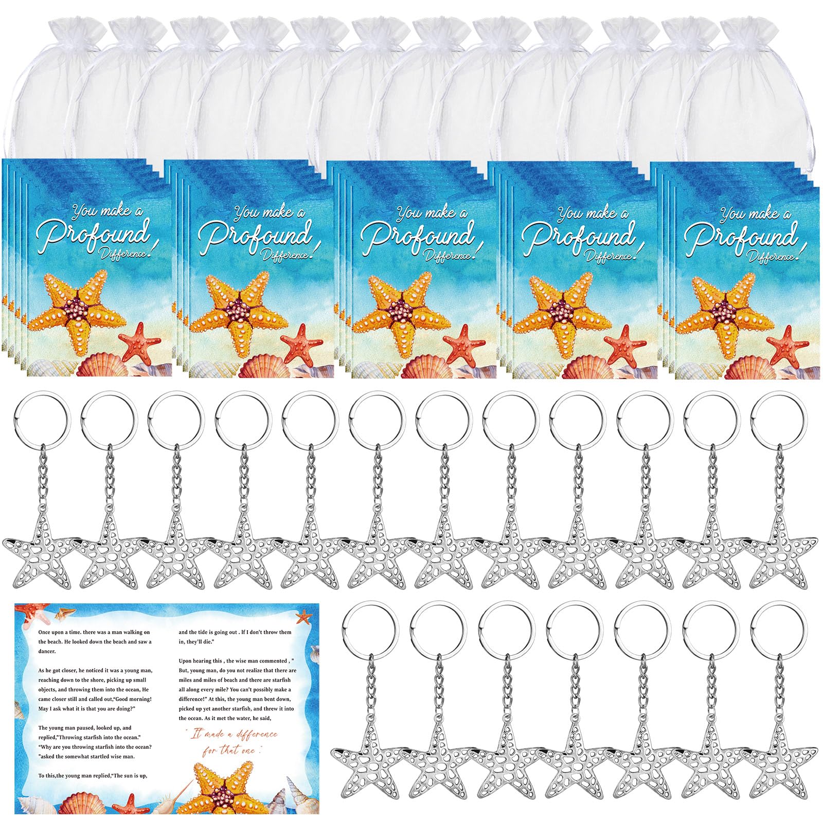 Kigeli 40 Set Starfish Story Gifts Employee Staff Appreciation 3.5x5 Inch Starfish Story Appreciation Cards Starfish Keychain Mini Starfish Keepsake Organza Bags for Christmas(Silver)